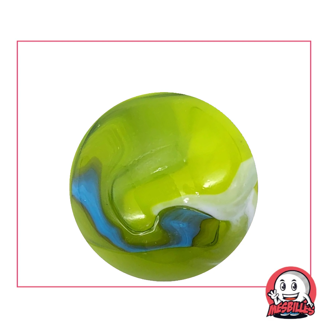 Biglia artistica Tigre Verde in vetro da 35 mm, con motivi verdi, blu e bianchi che evocano una tigre