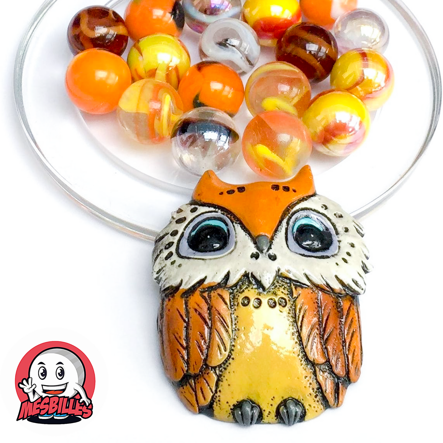 Gufo arancione in ceramica con 20 biglie gialle, arancioni e trasparenti - Collezione MieiBiglie