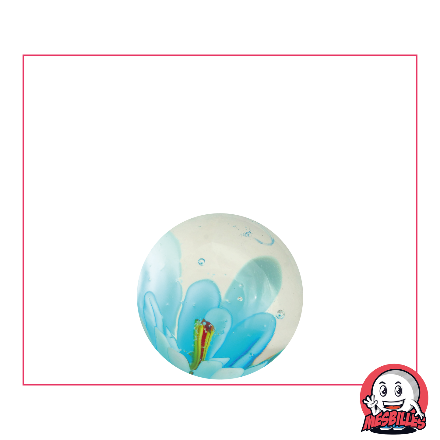 Biglia Art Flower 3D Turchese da 16 mm, biglia trasparente con fiore incastonato al centro