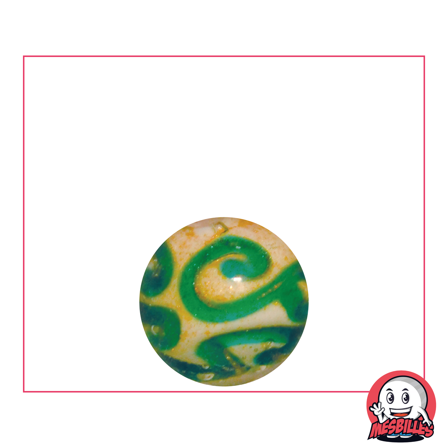 Biglia d'arte 16 mm, bianca con arabeschi verdi e paillettes dorate - consegna sicura
