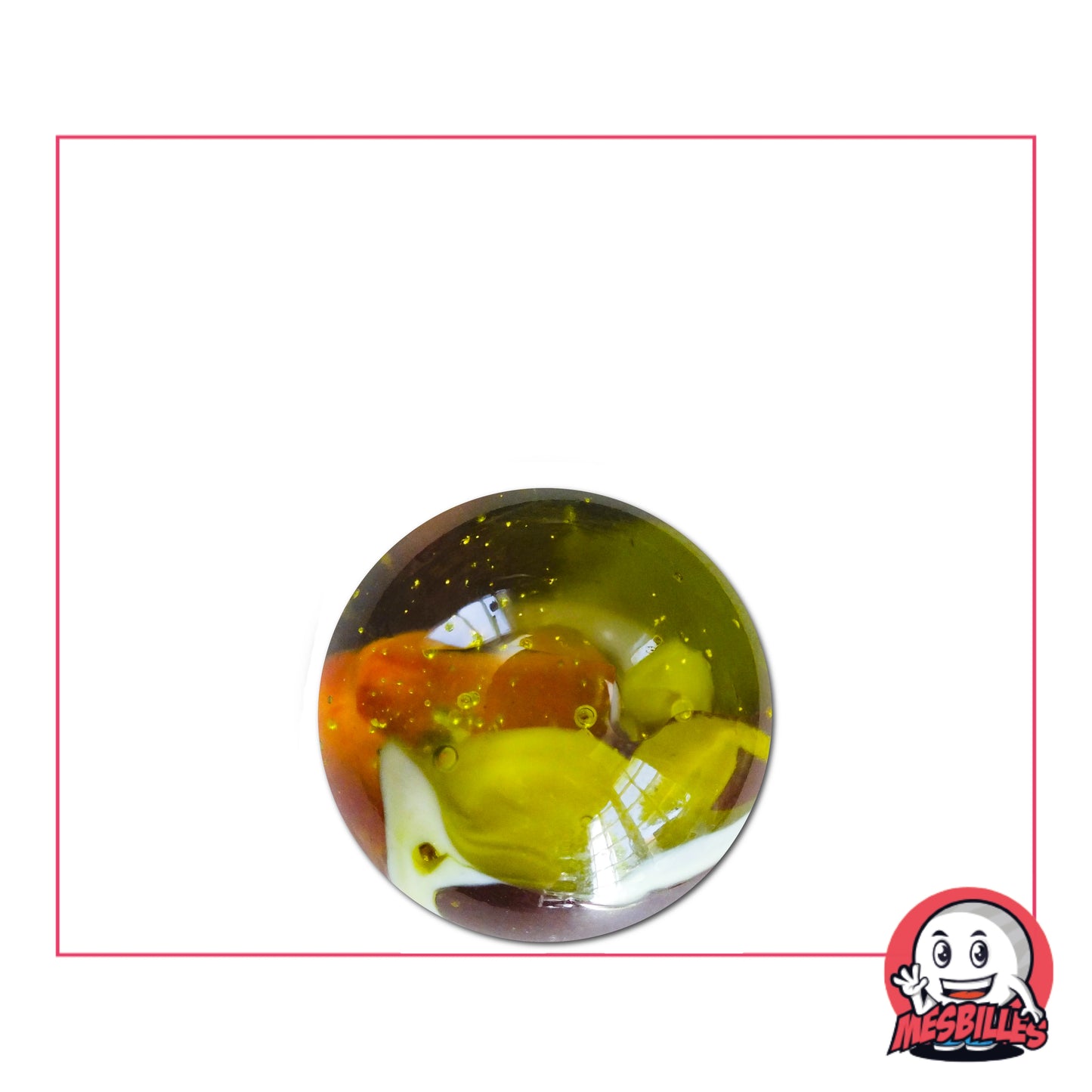 Gros plan d’une bille Guépard 16 mm aux teintes jaunes, orange et blanches, avec bulles dorées, évoquant la vivacité et l’élégance du félin