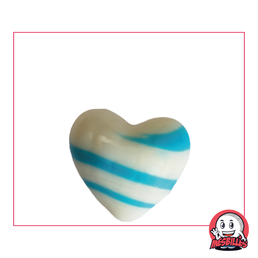 Biglia a forma di cuore in vetro opaco bianco striato di blu chiaro, biglia piatta 25 mm, MieiBiglie