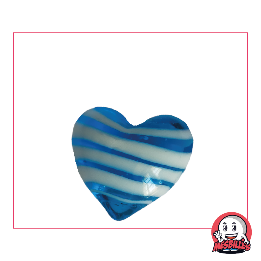 Biglia a forma di cuore in vetro traslucido blu intenso striato di bianco, biglia piatta 25 mm, MieiBiglie