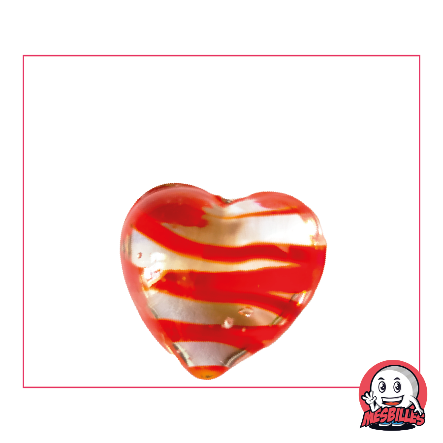 Biglia a forma di cuore in vetro cristallo traslucido striato di rosso, biglia piatta 25 mm, MieiBiglie