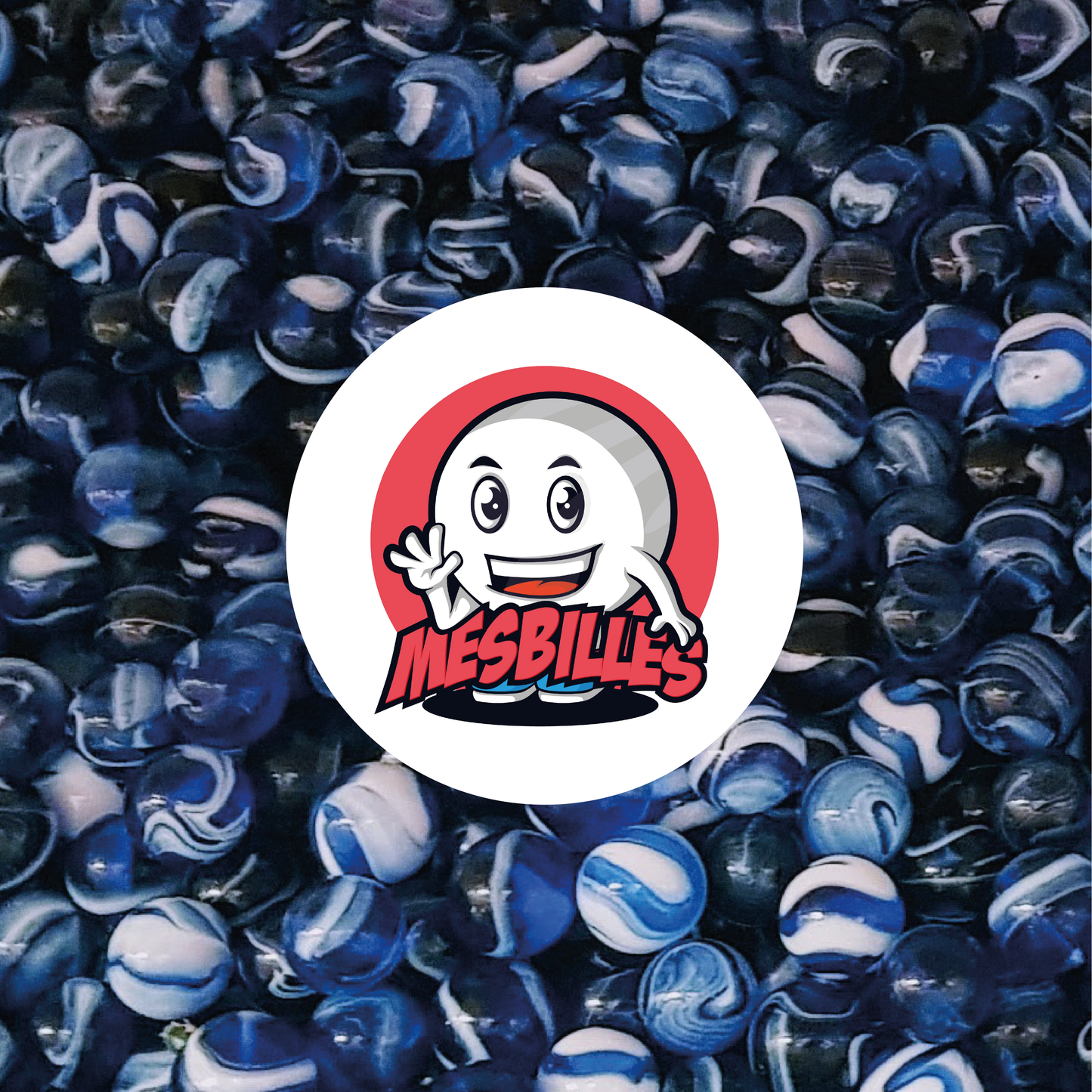 Immagine della mascotte MesBiglie circondata da biglie Spot 14 mm - Vetro traslucido blu striato di bianco