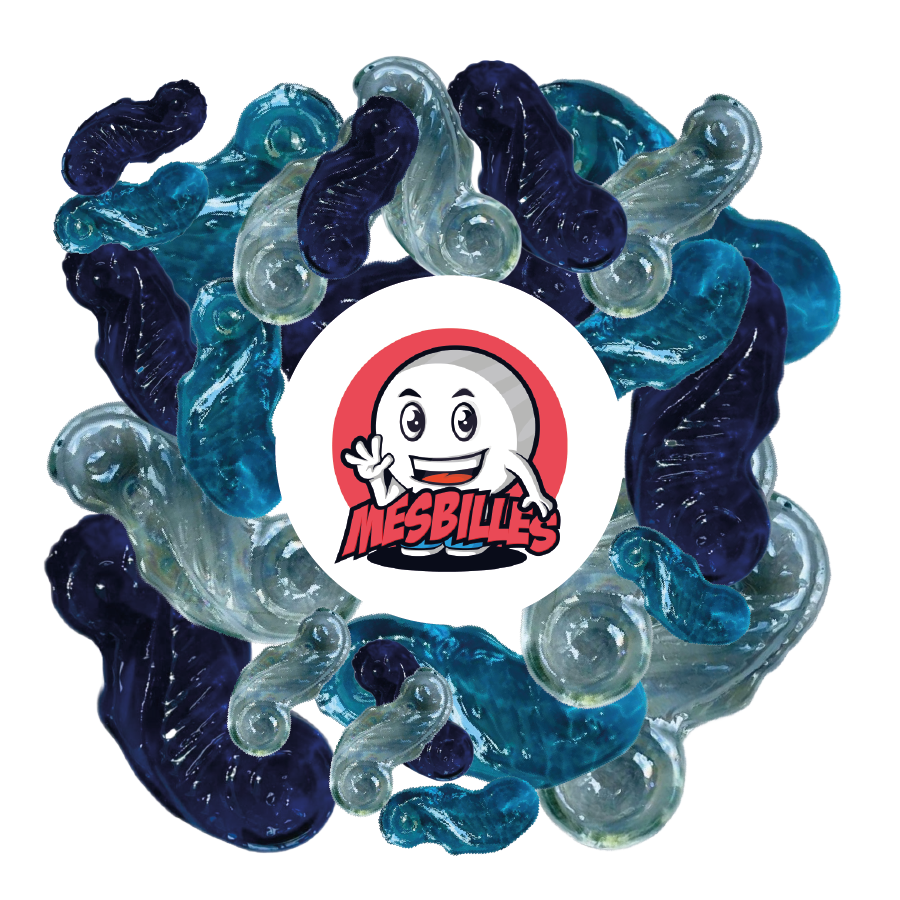 Immagine della mascotte MesBilles circondata da biglie Hippocampe Blu Notte in vetro traslucido - Collezione Acquatica e Gioco Incantevole - MesBilles