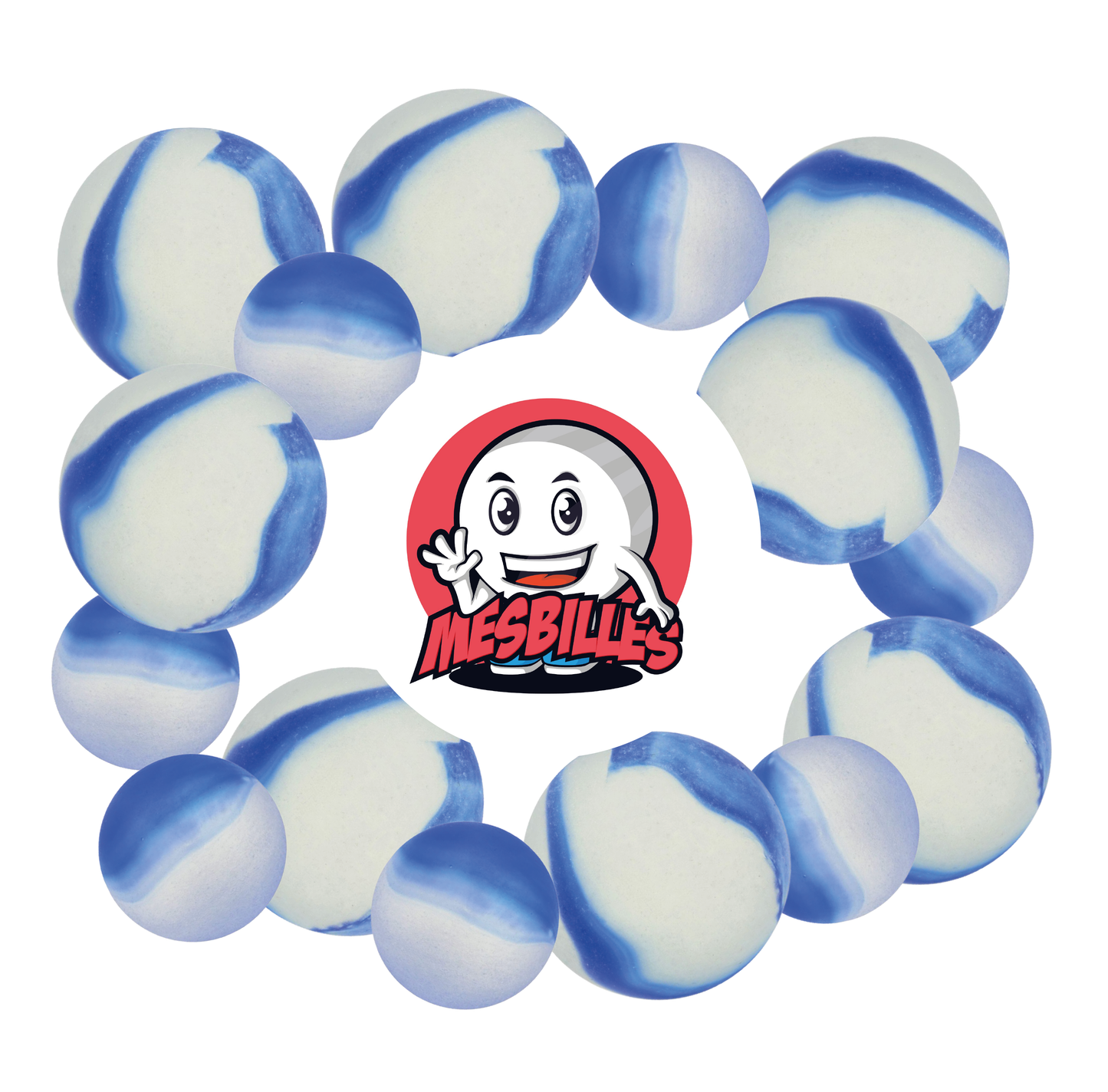 Immagine della mascotte MesBilles circondata da Biglie Satinata - Biglia in vetro Satinata striata di Blu 22 mm MesBilles