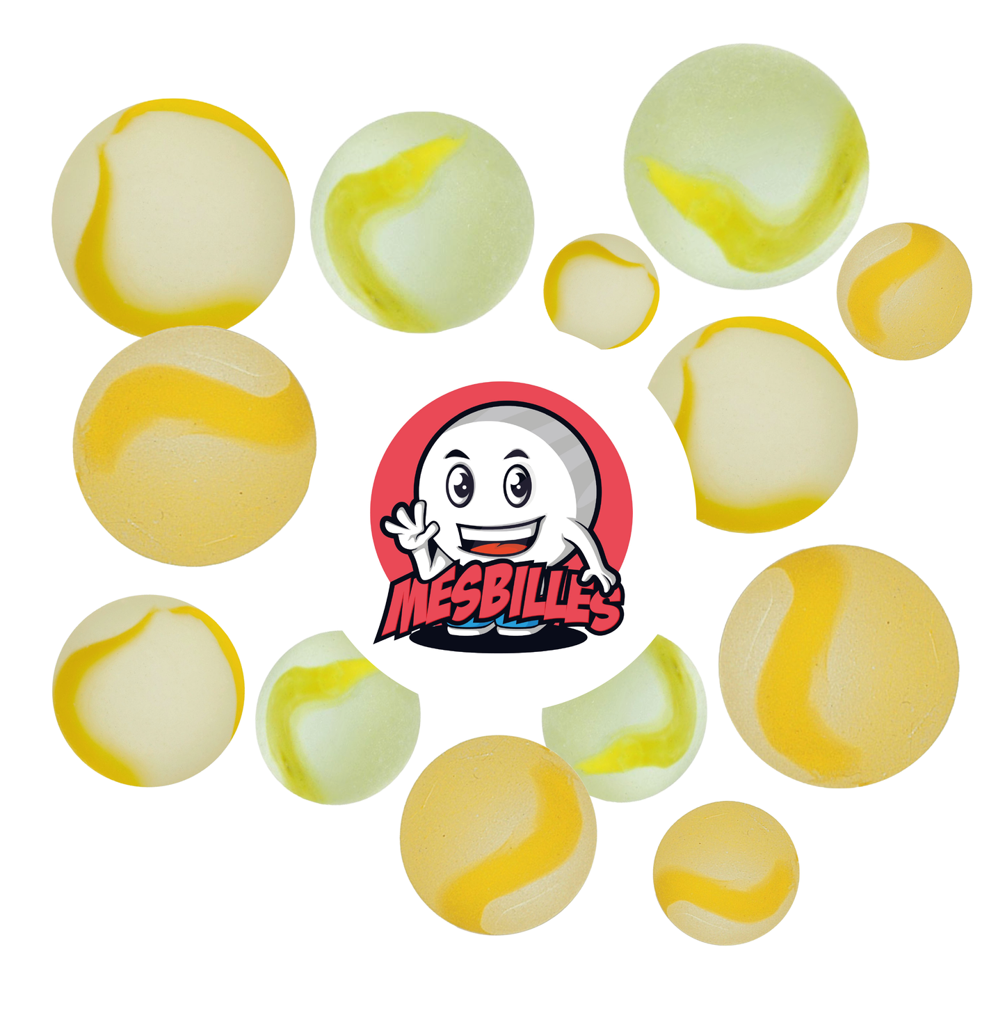Immagine della mascotte MieiBiglie circondata da Biglie Satinata - Biglia in vetro satinato striato di giallo 25 mm MieiBiglie