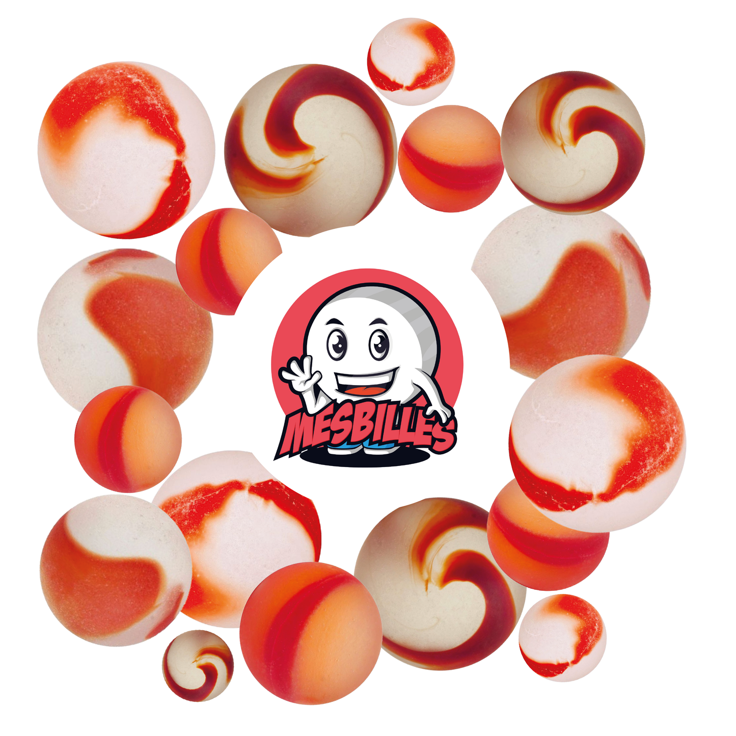 Immagine della mascotte MieiBiglie circondata da biglie satinate - Biglia in vetro satinato striato di rosso 16 mm MieiBiglie