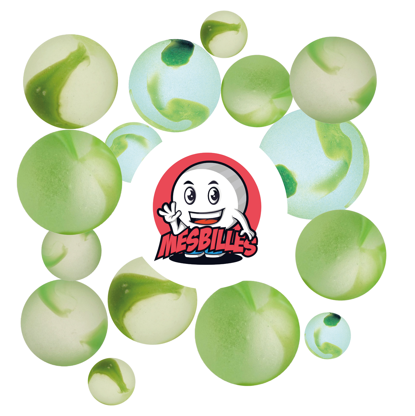 Immagine della mascotte MesBilles circondata da biglie Satinata - Biglia in vetro satinato striato di verde 22 mm MesBilles