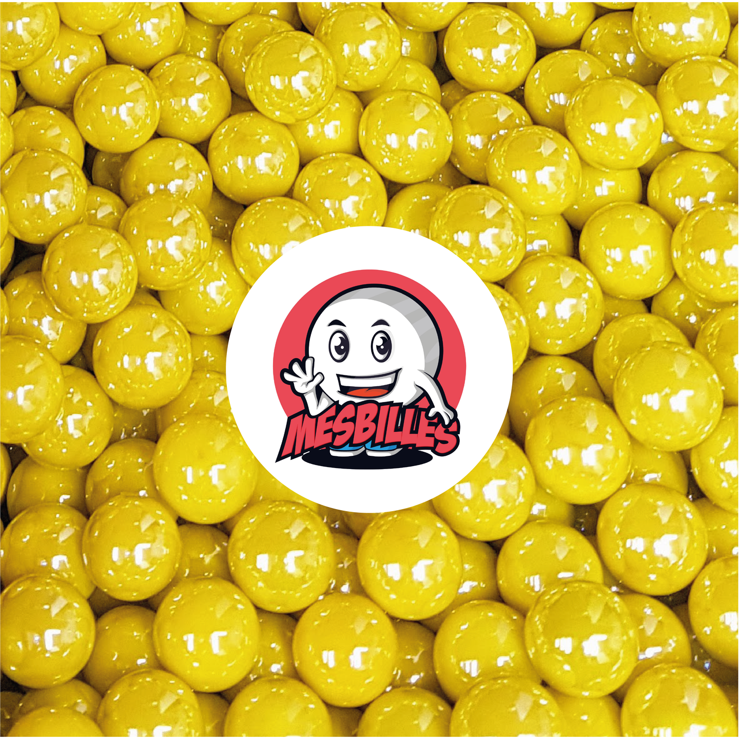 Immagine della mascotte MesBilles circondata da biglie lucide 16 mm - vetro opaco e brillante giallo perlato