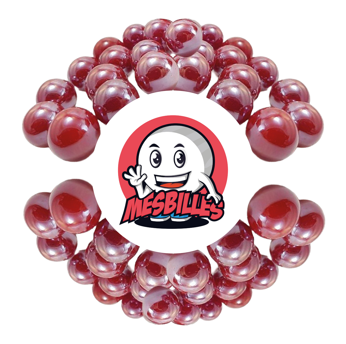 Immagine della mascotte MesBiglie circondata da biglie lucide 25 mm - vetro opaco e brillante rosso