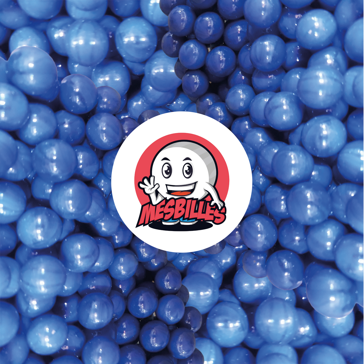 Immagine della mascotte MesBilles circondata da biglie perla opaca 14 mm | Un inno al colore blu - MesBilles