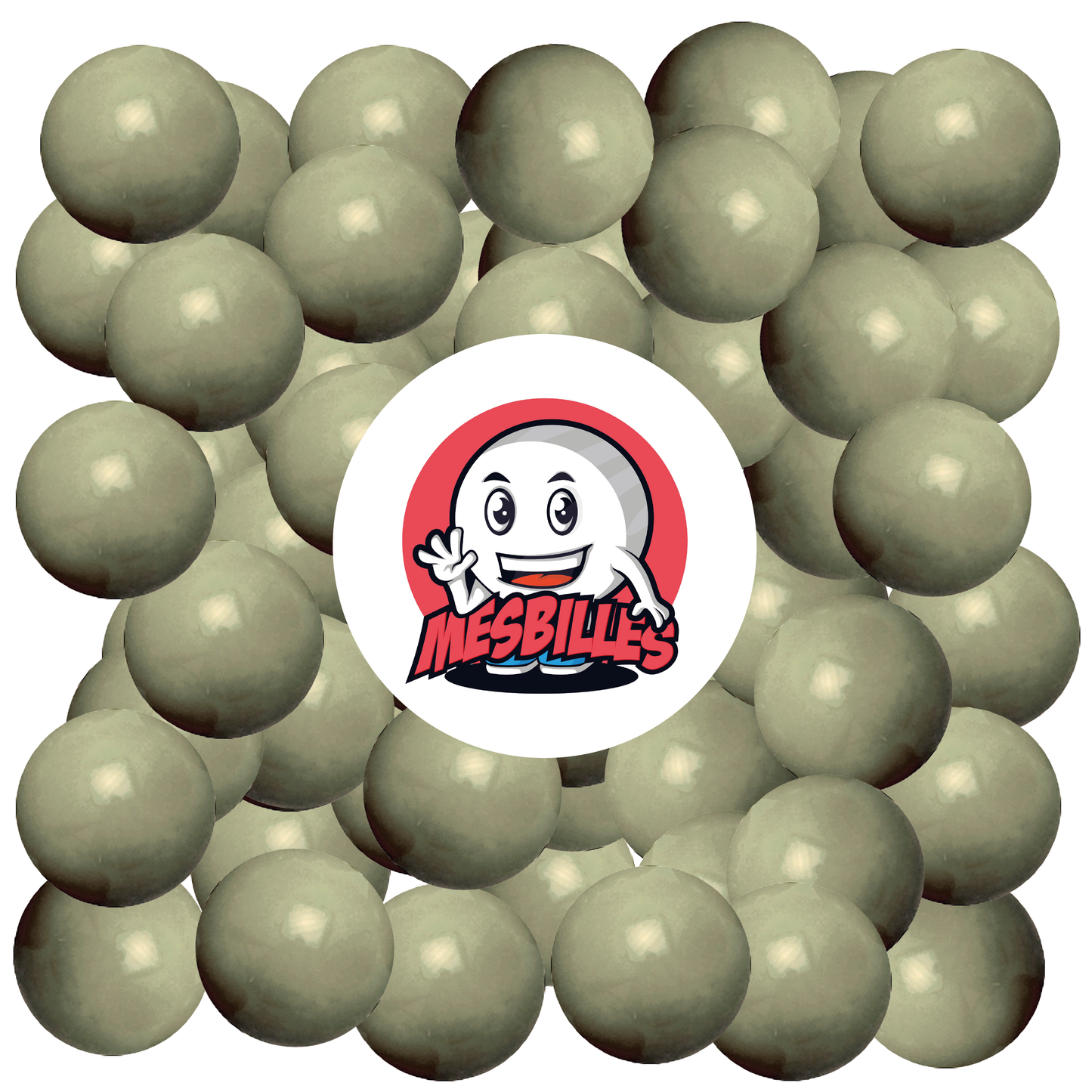 Immagine della mascotte MieiBiglie circondata da biglie perla grigia da 14 mm - Vetro opaco grigio elegante e misterioso