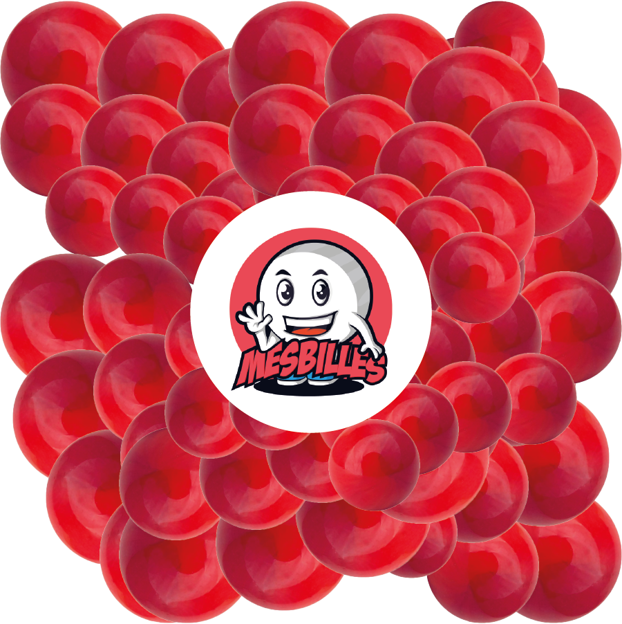 Immagine della mascotte MieiBiglie circondata da biglie Perla Rossa da 14 mm Biglia rotonda in vetro