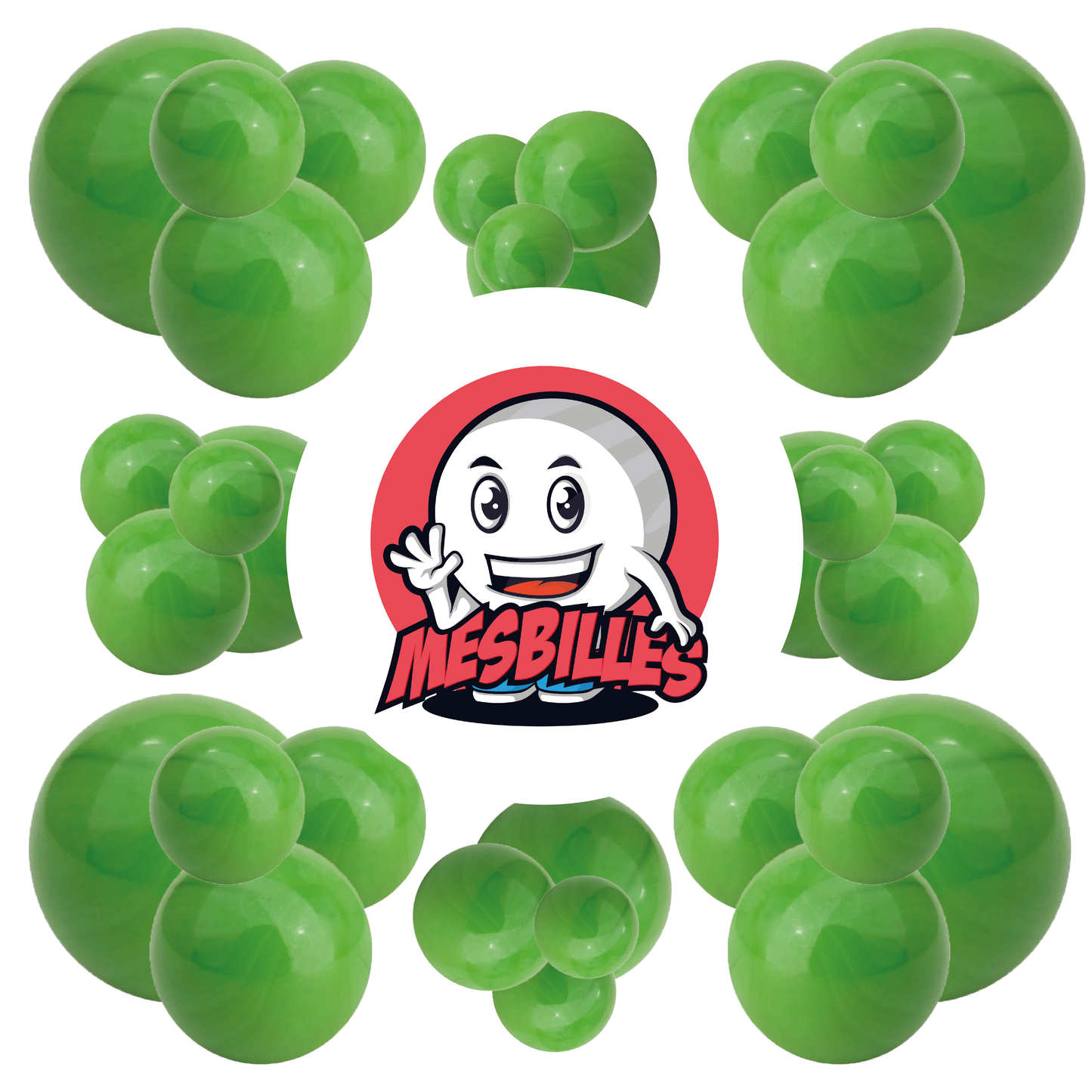 Immagine della mascotte MieiBiglie circondata da biglie Perla opaca verde 50 mm Biglia in vetro | MieiBiglie