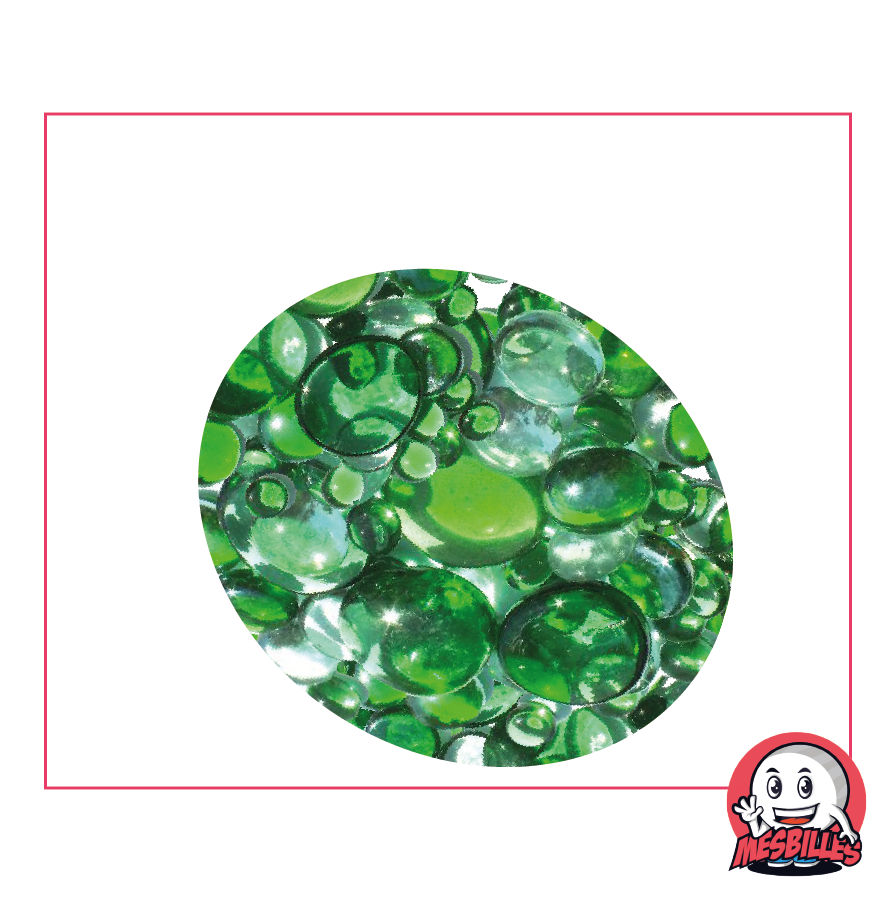 Biglie Piatta, mix verde e cristallo, 30 mm, 18 mm, 12 mm, traslucide