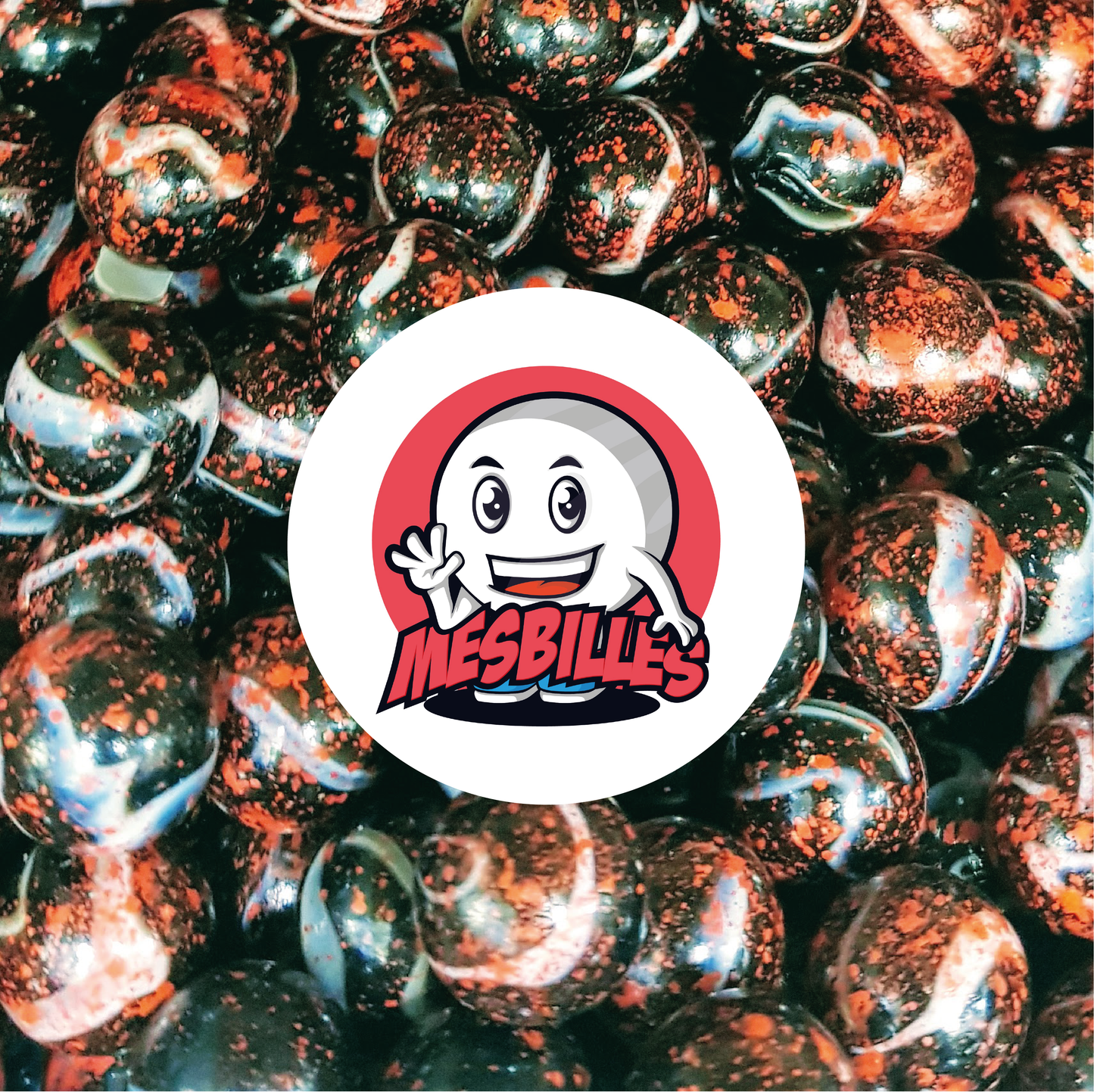Immagine della mascotte MieiBiglie circondata da Biglie Dracula 14 mm in vetro opaco bianco rosso macchiato di nero