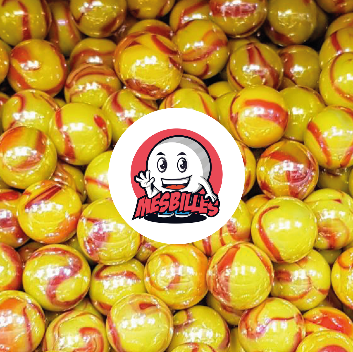 Immagine della mascotte MieiBiglie circondata da Biglie Dragon 25 mm - Incredibile combinazione di giallo e rosso in un vetro opaco e brillante