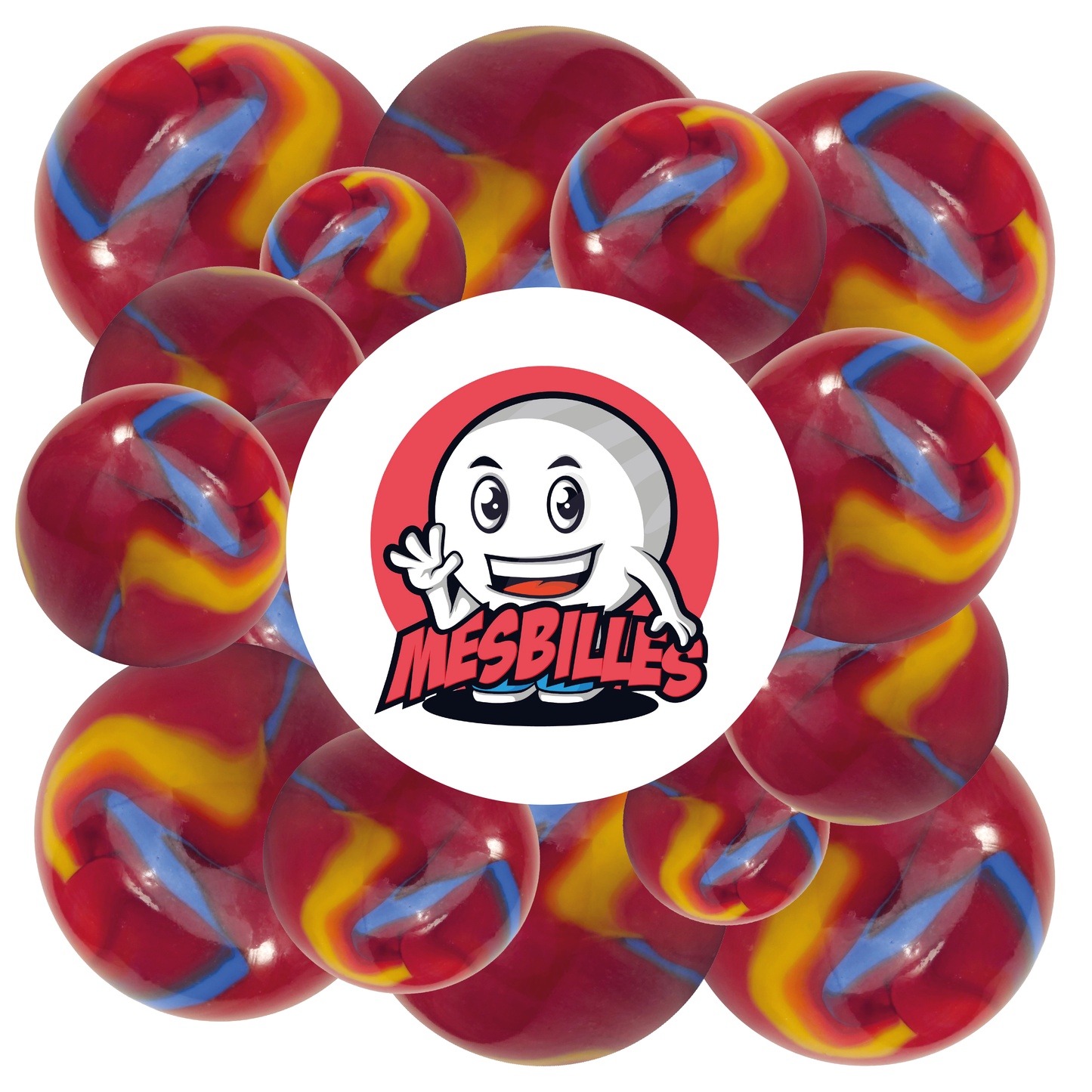 Immagine della mascotte MieiBiglie circondata da Biglie Fiesta 25 mm rosse striate di blu e giallo