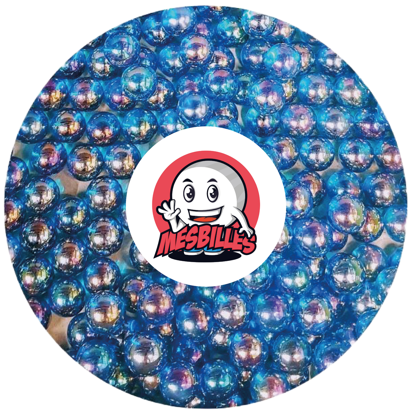 Immagine della mascotte MieiBiglie circondata da biglie Iridescente 35 mm Blu, la luce sulla punta delle dita