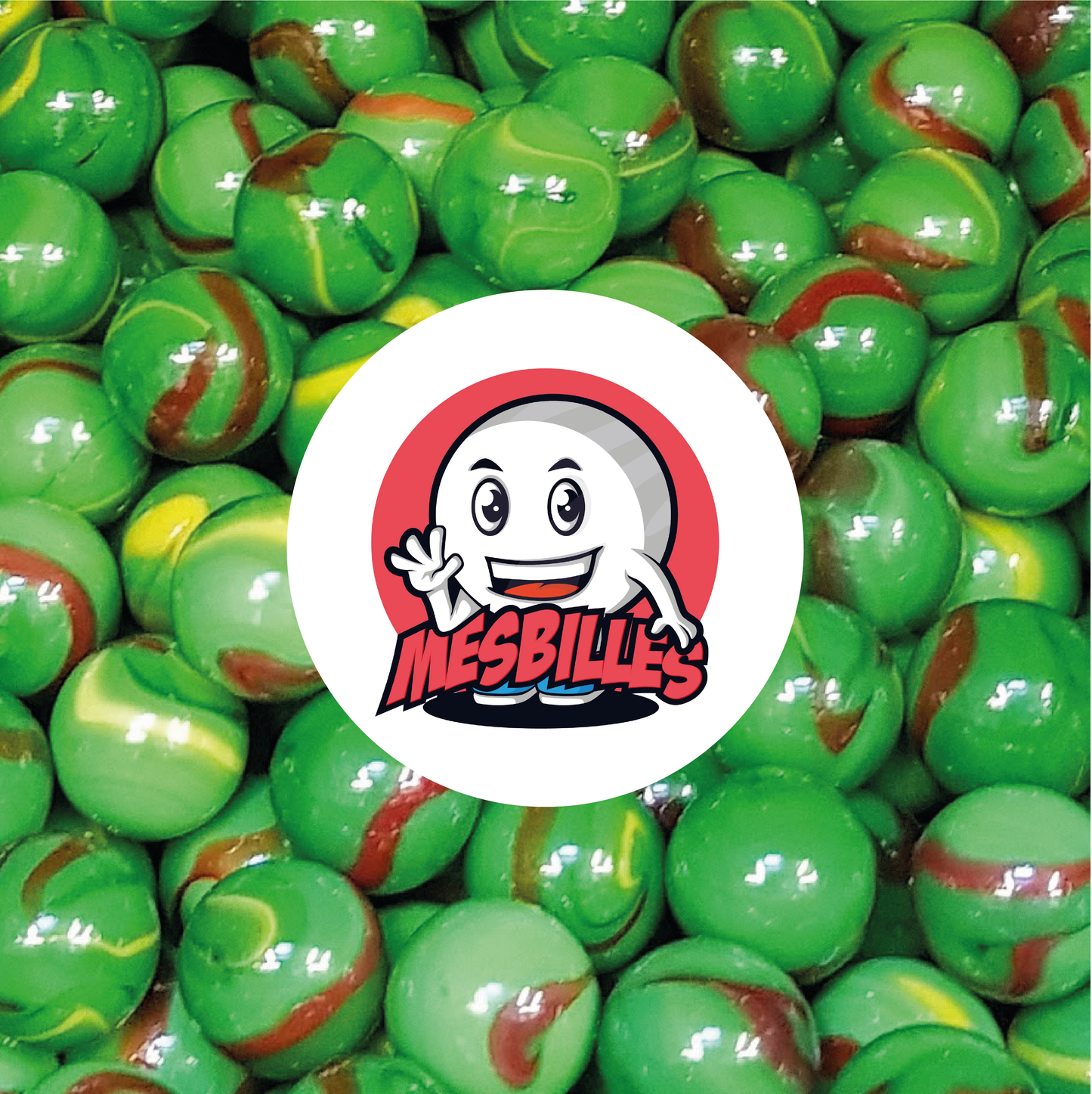 Immagine della mascotte MieiBiglie circondata da biglie Jungle 25 mm verde giallo marrone
