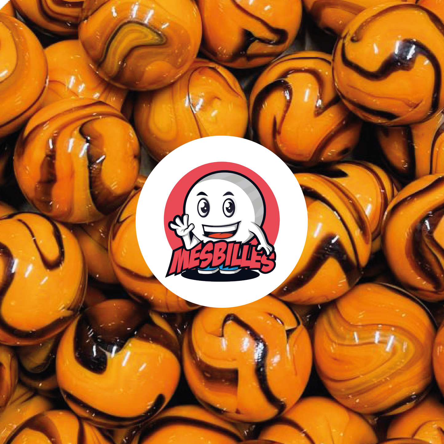 Immagine della mascotte MieiBiglie circondata da biglie Jupiter da 16 mm di colore arancione striato di marrone