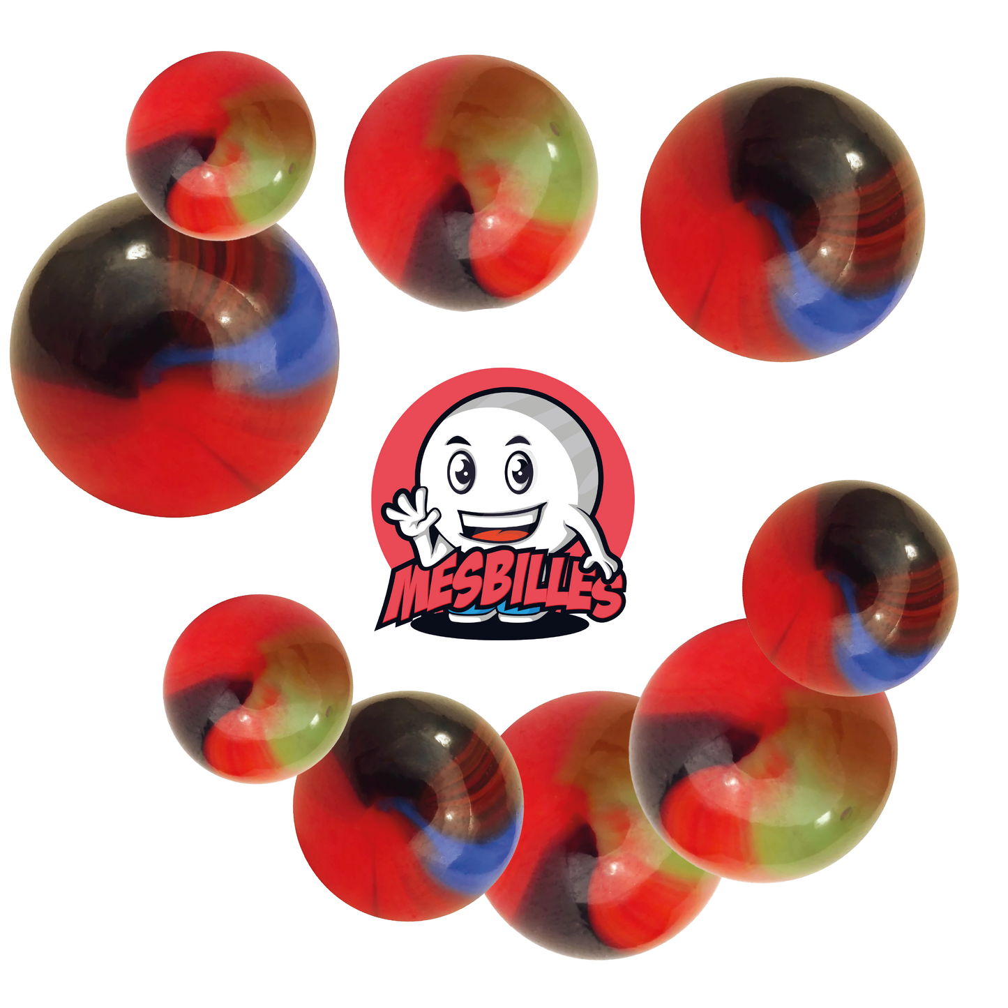 Immagine della mascotte MesBilles circondata da biglie Lautrec in vetro arancione striato di verde e marrone da 42 mm