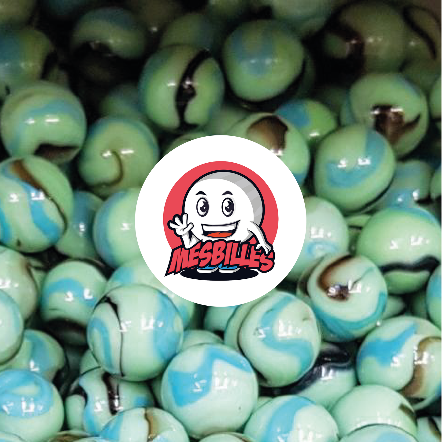 Immagine della mascotte MesBiglie circondata da biglie Matisse 14 mm, il capolavoro di MesBiglie in verde, blu e marrone
