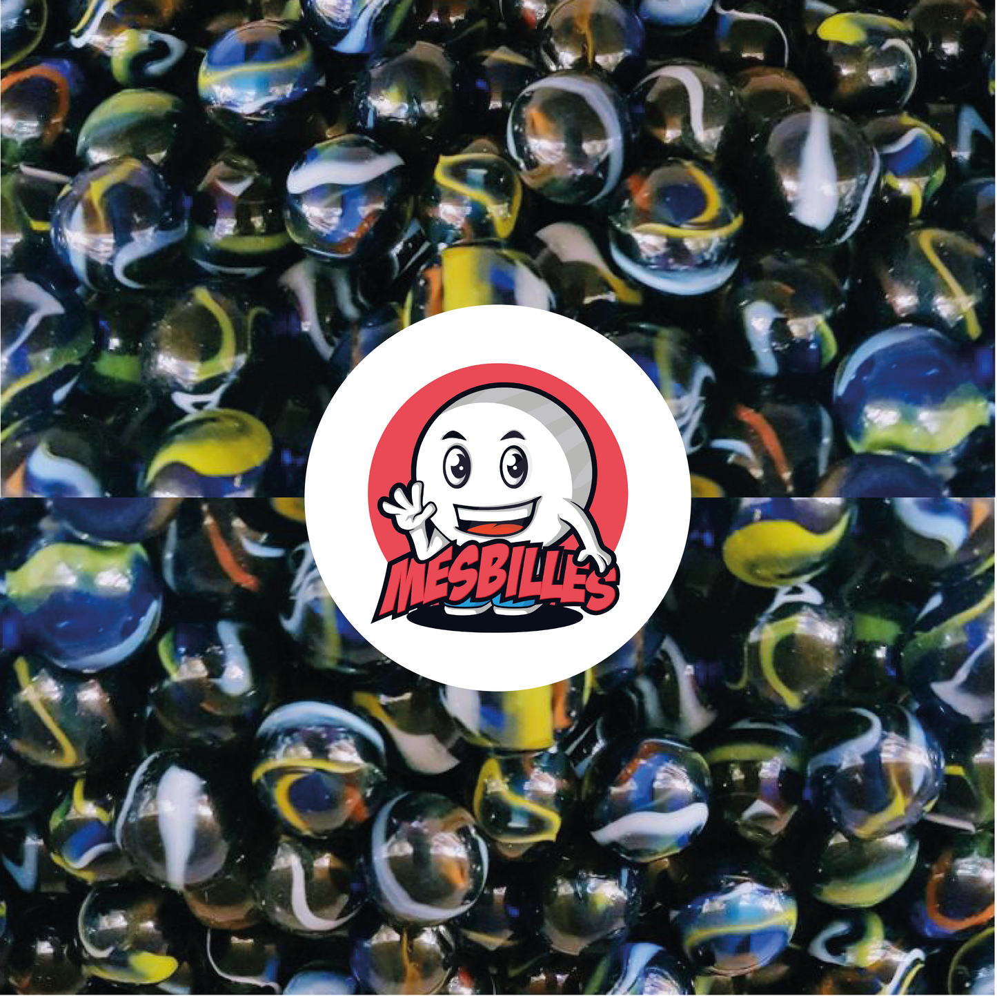 Immagine della mascotte MieiBiglie circondata da biglie Michelangelo in vetro blu con striature rosse, bianche e gialle, 35 mm