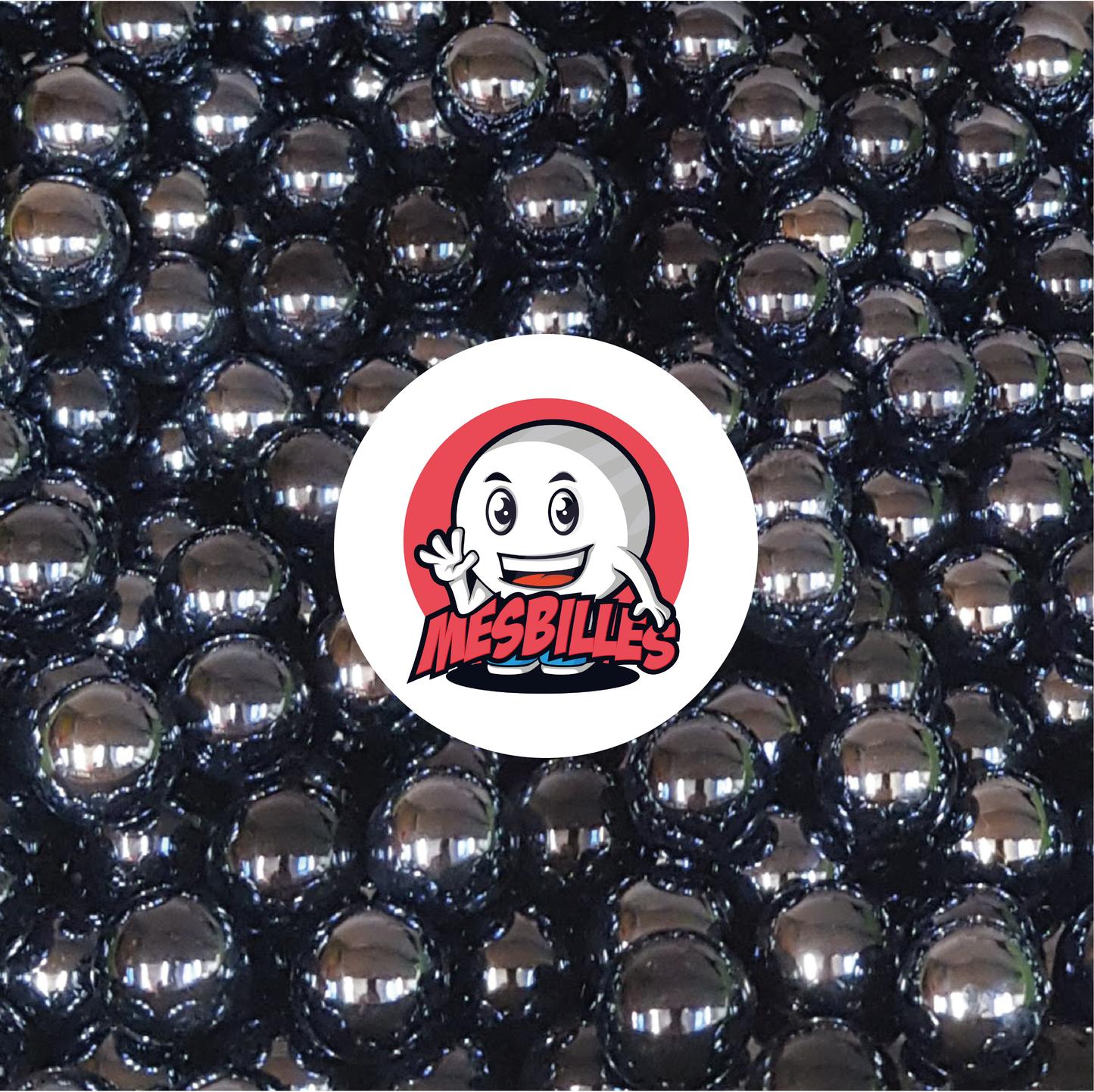 Immagine della mascotte MieiBiglie circondata da Biglie Lucida opaca brillante nera 16 mm