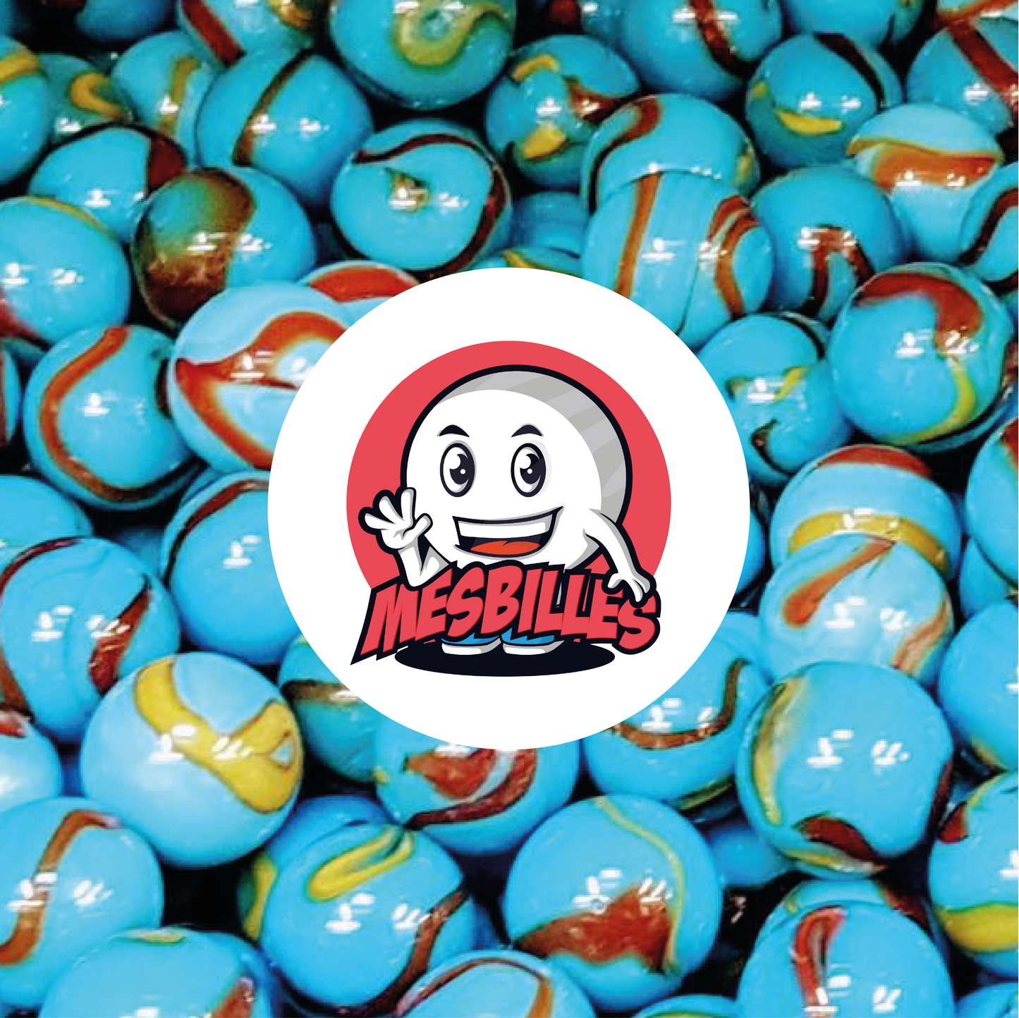 Immagine della mascotte MieiBiglie circondata da biglie Pianeta Terra opache di colore blu con tracce di nero da 14 mm