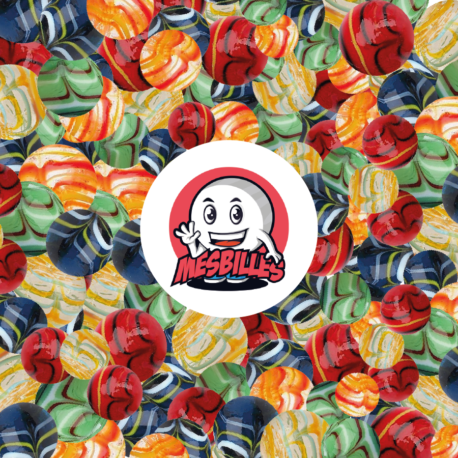 Biglie Spider Rosse e Arancioni KimPlay in vetro Traslucido e biglie Multicolori attorno al Mascotte MieiBiglie