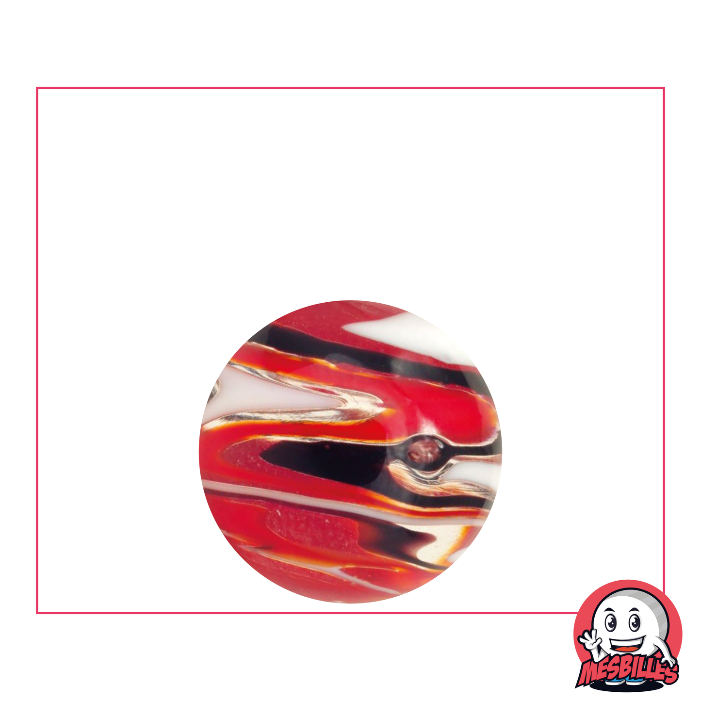 Biglia d'arte Flash Nera 22 mm, biglia traslucida con striature nere, bianche e rosse, biglia in vetro