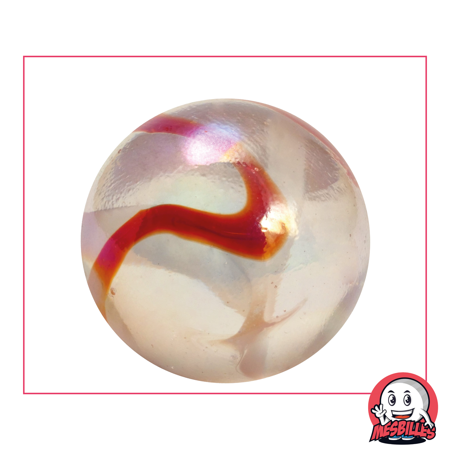 Biglia Limonata 42 mm, una biglia traslucida rosa-arancio attraversata da una venatura arancione ambra - MieiBiglie