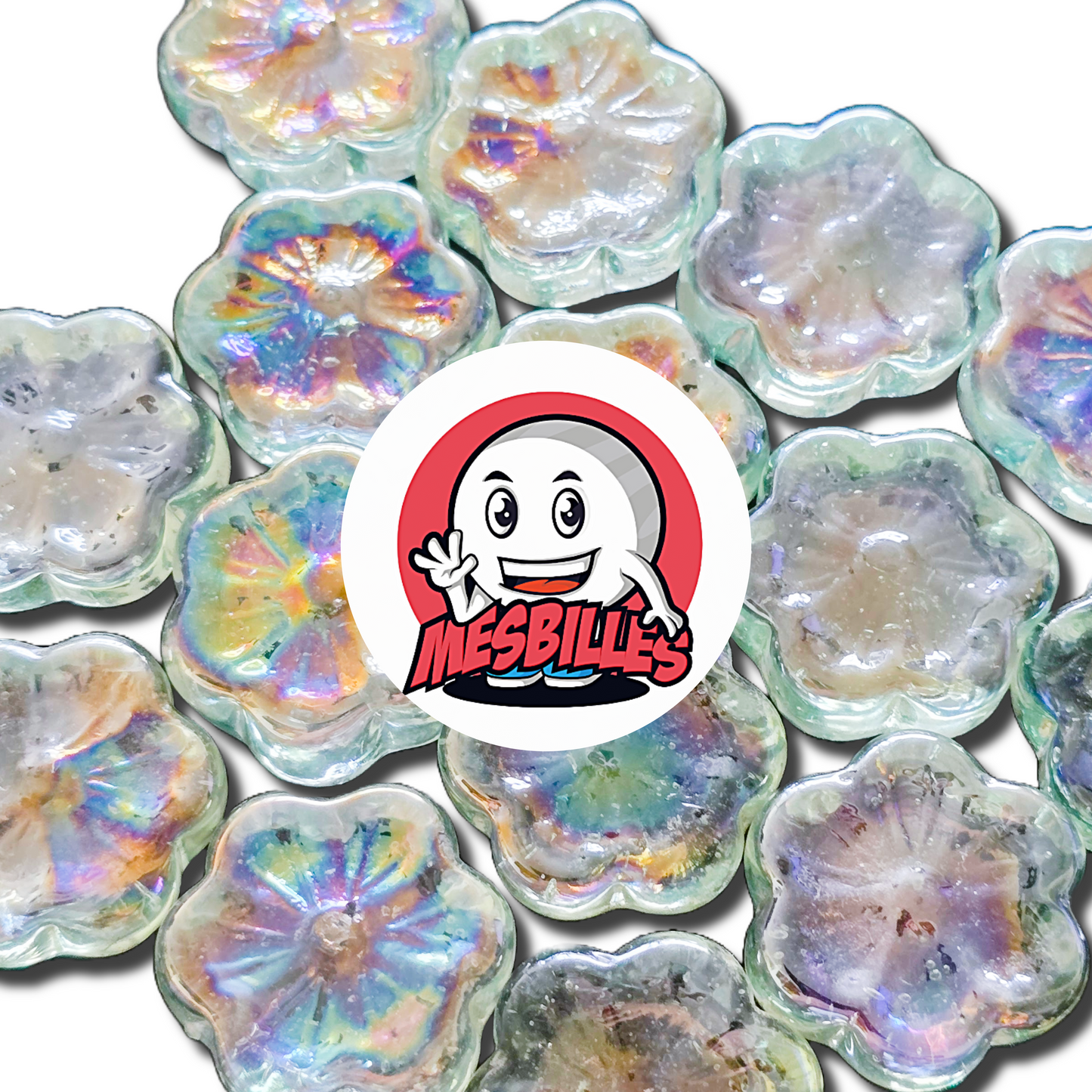 Primo piano di un assortimento di biglie Fleur Cosmos Cristal 2,5 cm, in vetro traslucido iridescente, attorno al logo MieiBiglie.