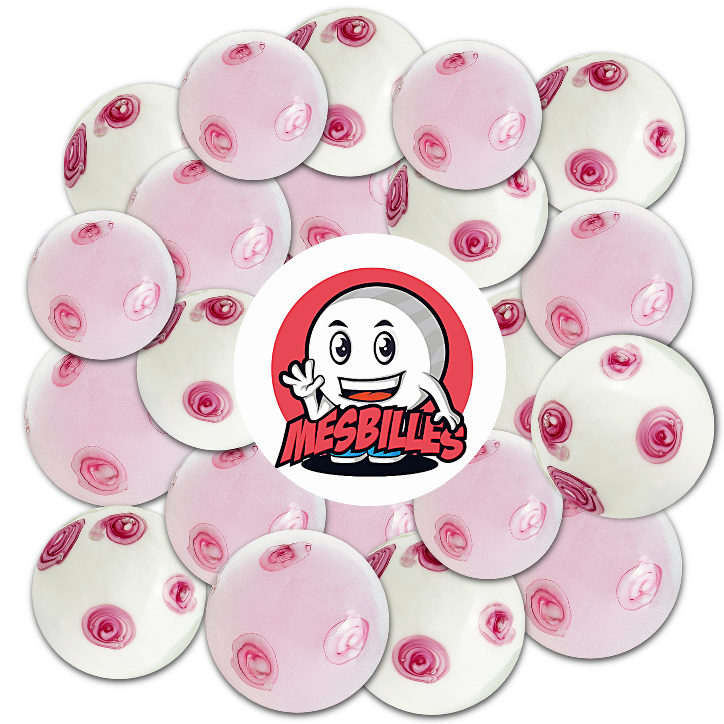 Mascotte MieiBiglie posata su Biglie artistiche bianche artigianali da 22 mm decorate con delicati fiori rosa, che simboleggiano la freschezza e la bellezza effimera della primavera giapponese.