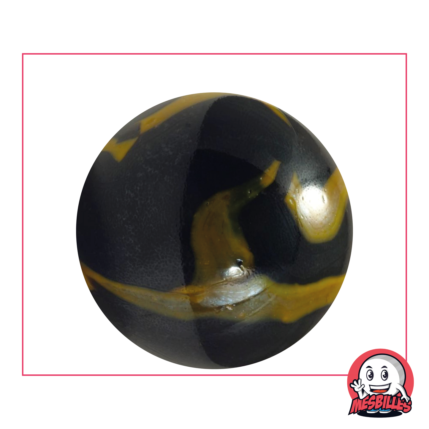 Biglia sotterranea 42 mm in vetro nero brillante con macchie gialle, biglia taglia balena, biglia grande