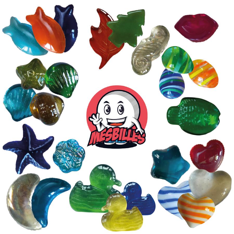 Biglie in vetro piatte, biglie sagomate: biglie a forma di papera, biglie a forma di bocca, biglie a forma di foglia, biglie a forma di uovo, biglie a forma di cuore, biglie a forma di pesce