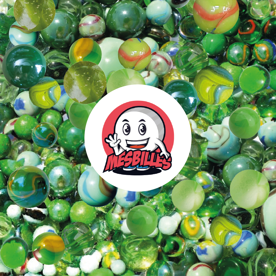 Collezione di biglie verdi MieiBiglie – biglie rotonde e piatte con motivi vari, riflessi brillanti, ideali per decorazione, gioco o collezione