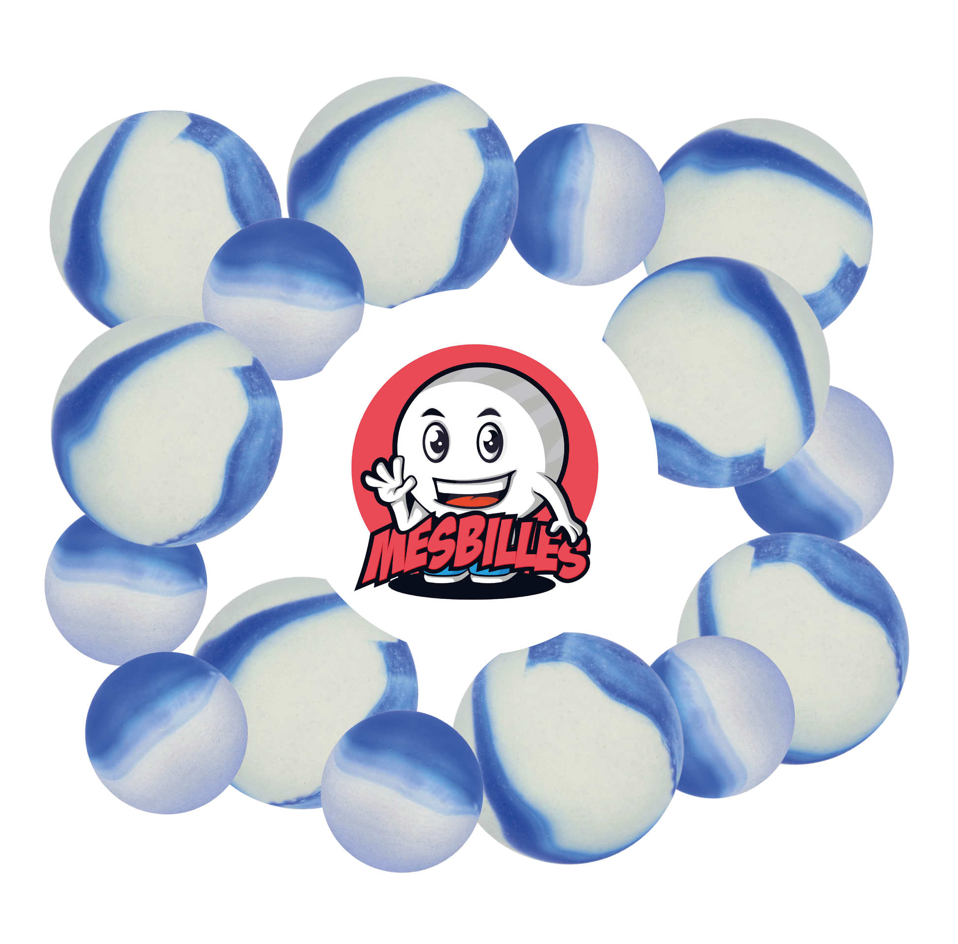 Immagine della mascotte MesBilles circondata da Biglie Satinata - Biglia in vetro Satinata striata di Blu 22 mm MesBilles