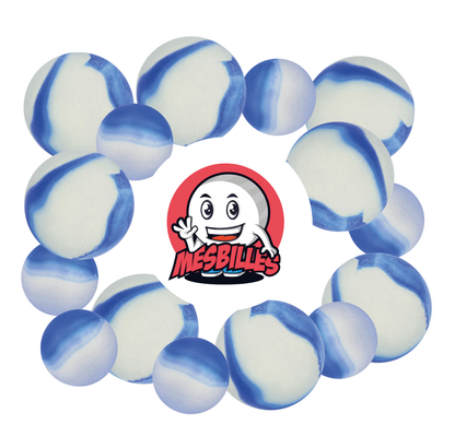 Immagine della mascotte MesBilles circondata da Biglie Satinata - Biglia in vetro Satinata striata di Blu 22 mm MesBilles