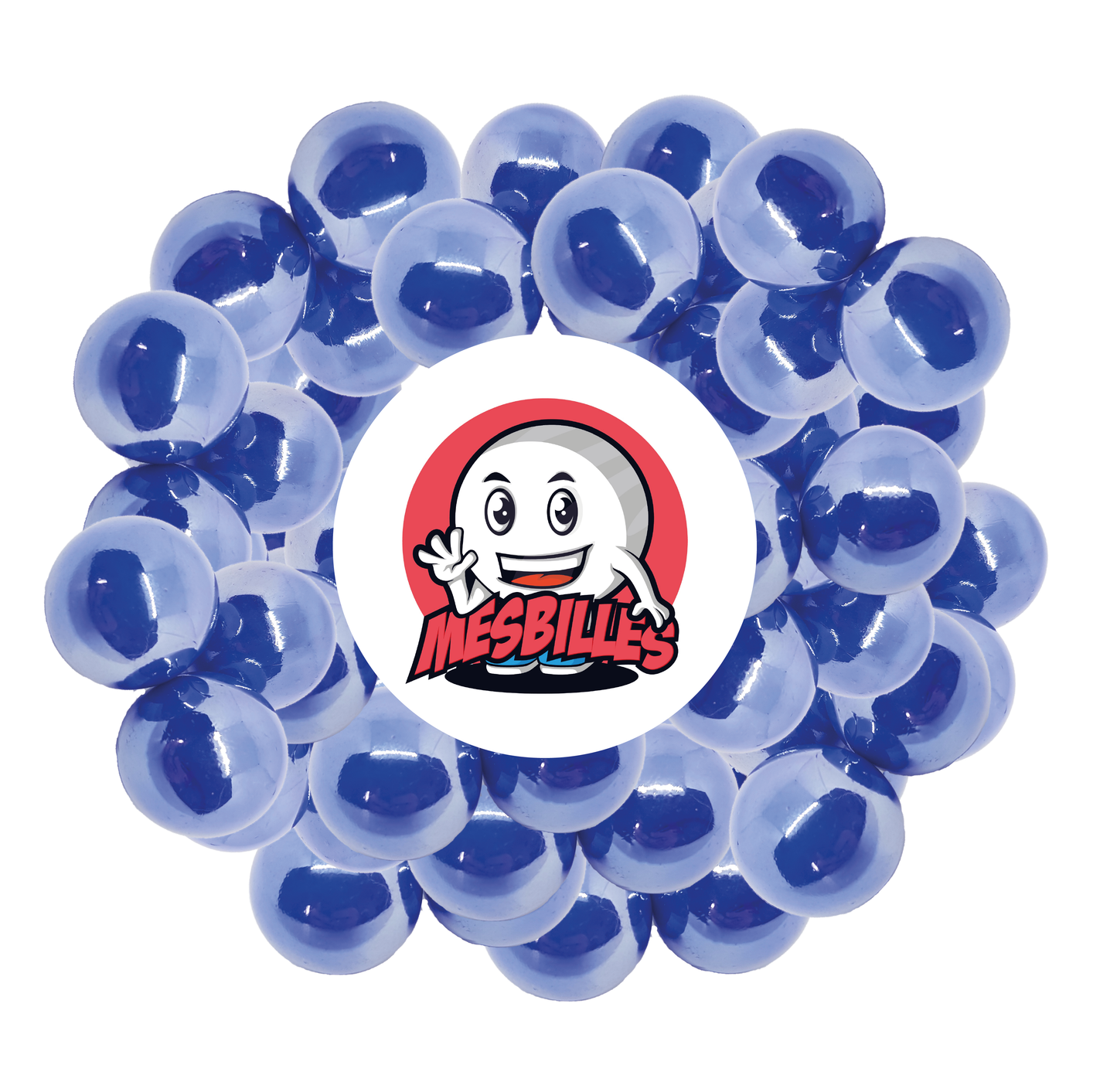 Immagine della mascotte MesBilles circondata da biglie lucide 25 mm - vetro opaco e brillante blu perlato - MesBilles