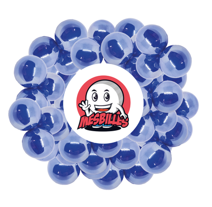 Immagine della mascotte MesBilles circondata da biglie lucide 25 mm - vetro opaco e brillante blu perlato - MesBilles