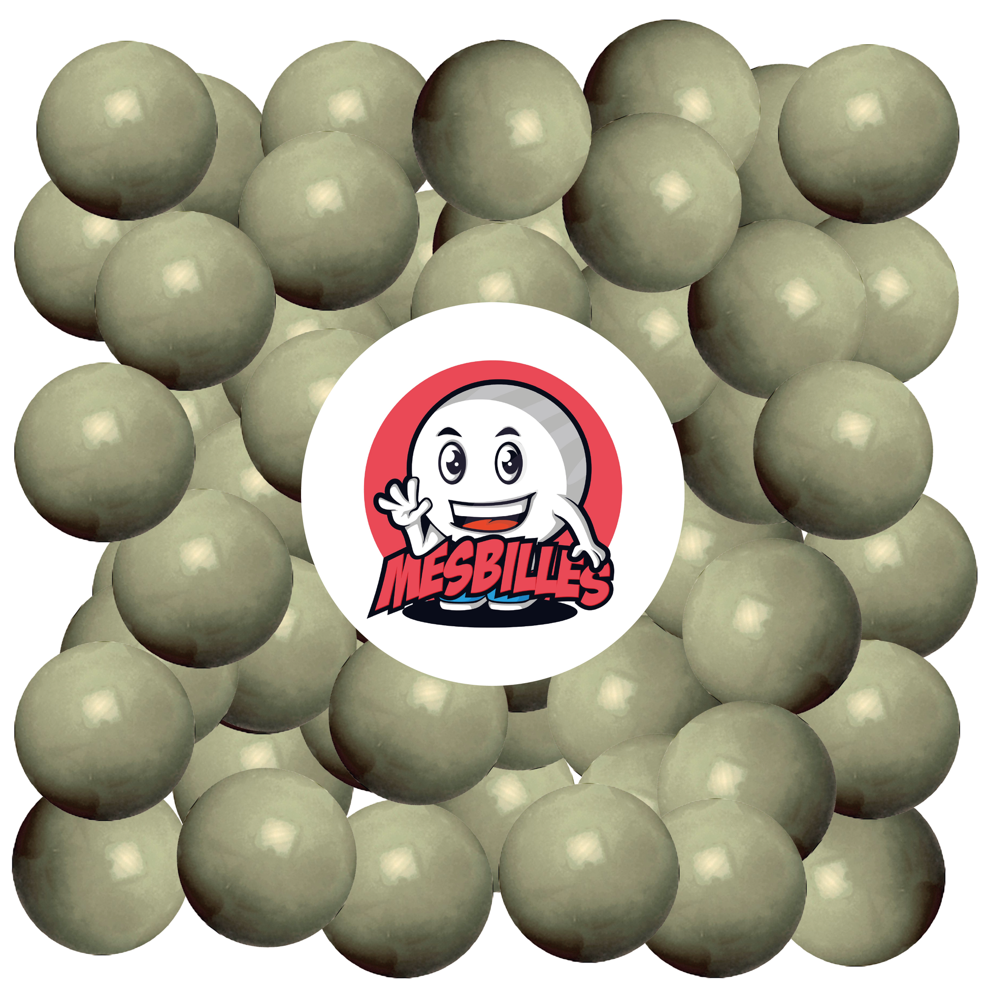 Immagine della mascotte MieiBiglie circondata da biglie perla grigia da 14 mm - Vetro opaco grigio elegante e misterioso