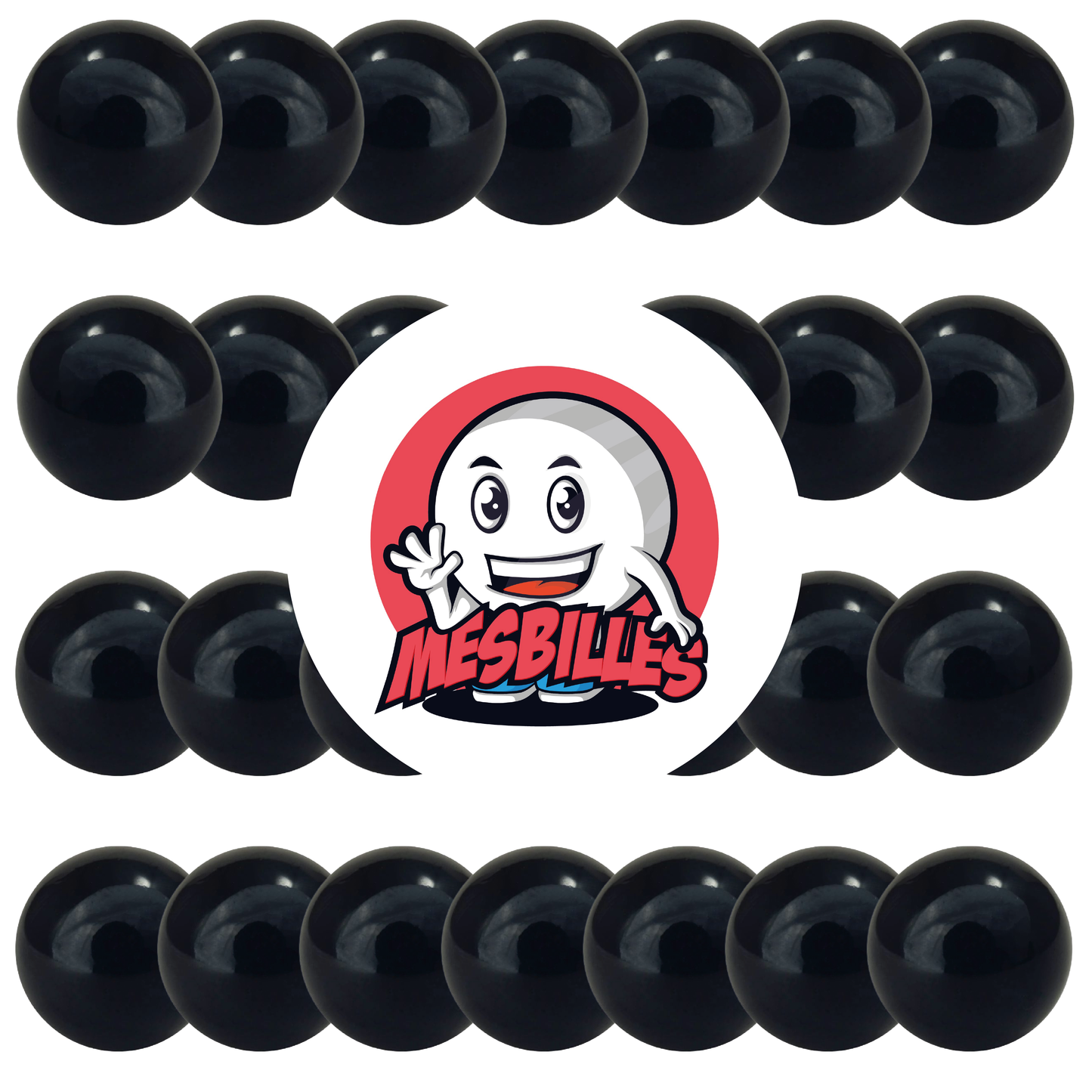 Immagine della mascotte MieiBiglie circondata da biglie opache nere 14 mm - Biglia in vetro rotonda