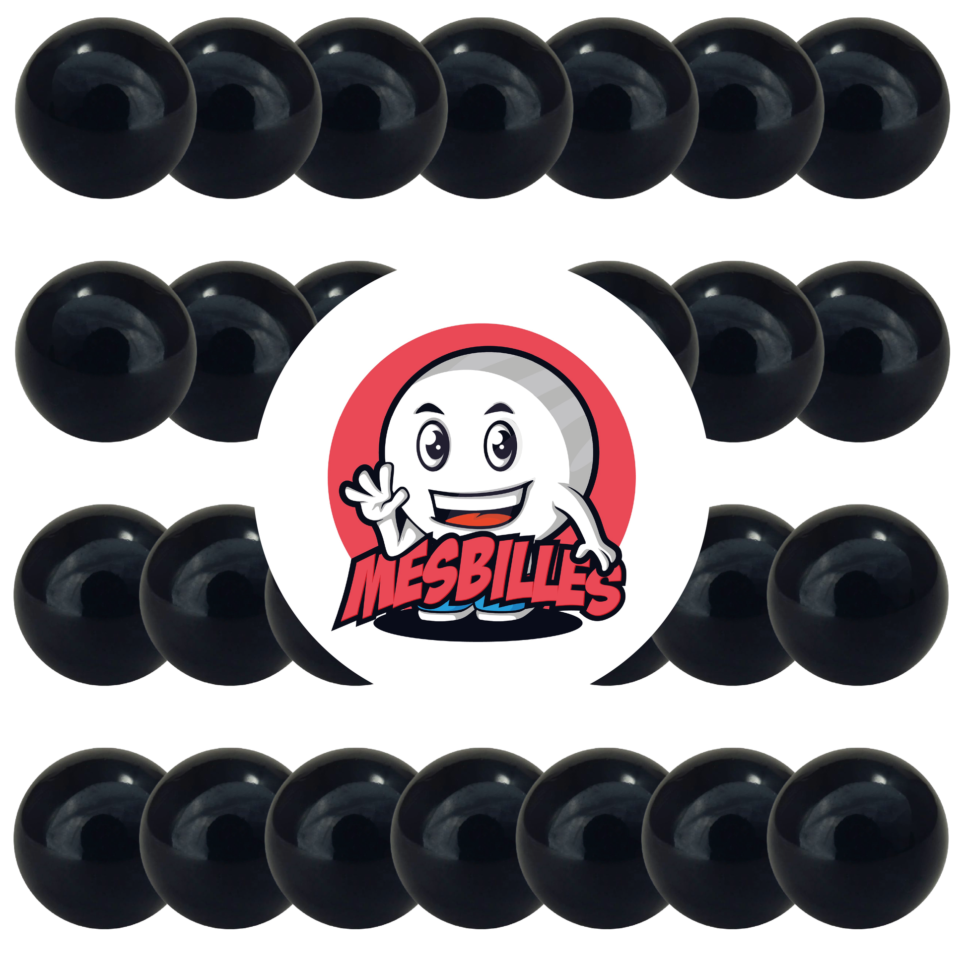 Immagine della mascotte MieiBiglie circondata da biglie opache nere 14 mm - Biglia in vetro rotonda