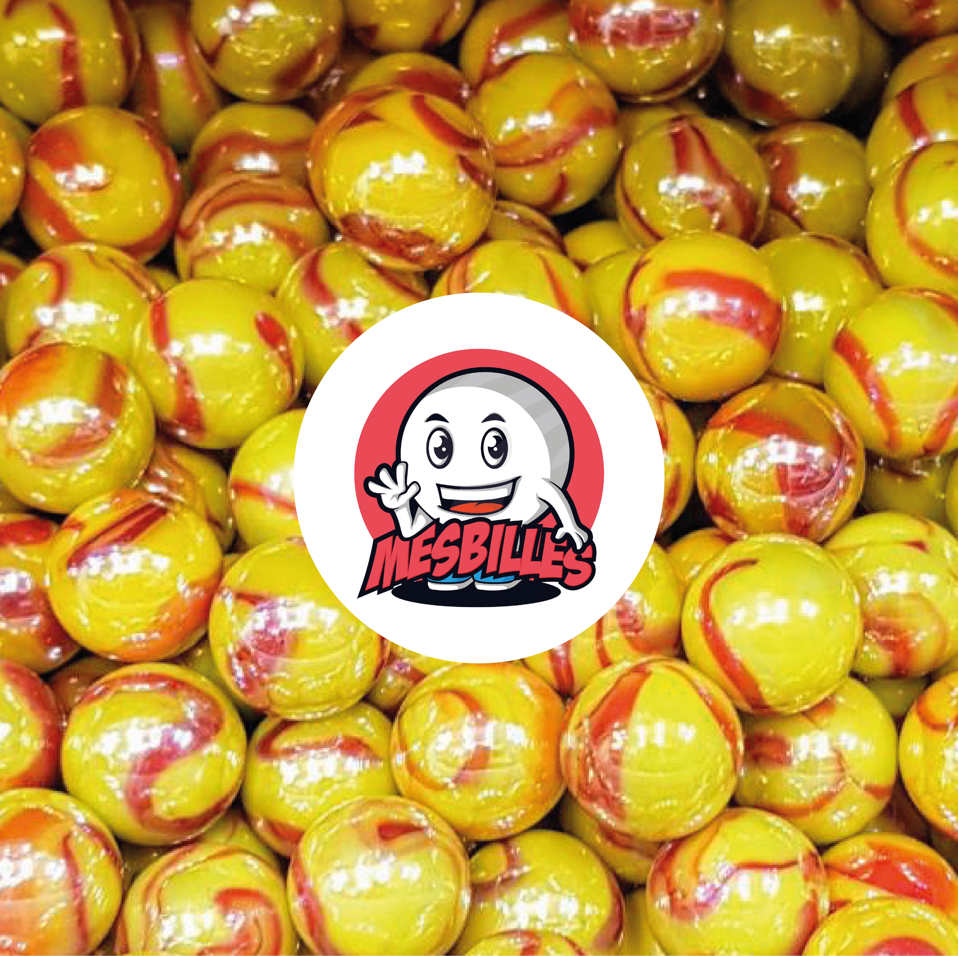 Immagine della mascotte MieiBiglie circondata da Biglie Dragon 25 mm - Incredibile combinazione di giallo e rosso in un vetro opaco e brillante