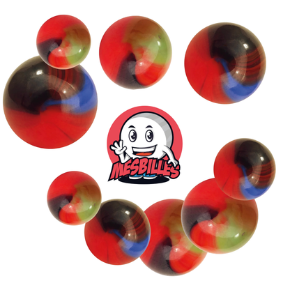 Immagine della mascotte MesBilles circondata da biglie Lautrec in vetro arancione striato di verde e marrone da 42 mm