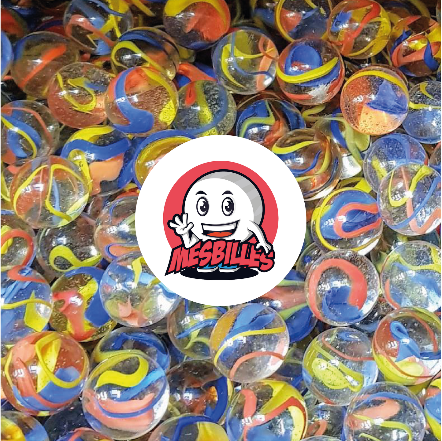 Biglie Fusion Colorate Rosso, Giallo e Blu in Vetro Trasparente - Immagine della Mascotte MesBiglie circondata da Biglie Parrocchia 14 mm